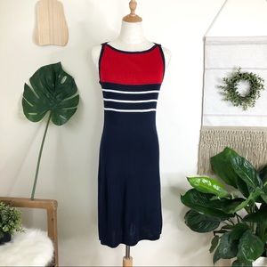 Vintage French Curve | Bodycon Midi Dress Navy Red